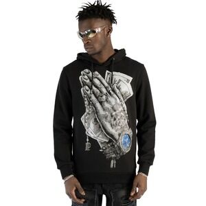 Left Point Men's Black Rhinestone Praying Hands Graphic Hoodie Streetwear